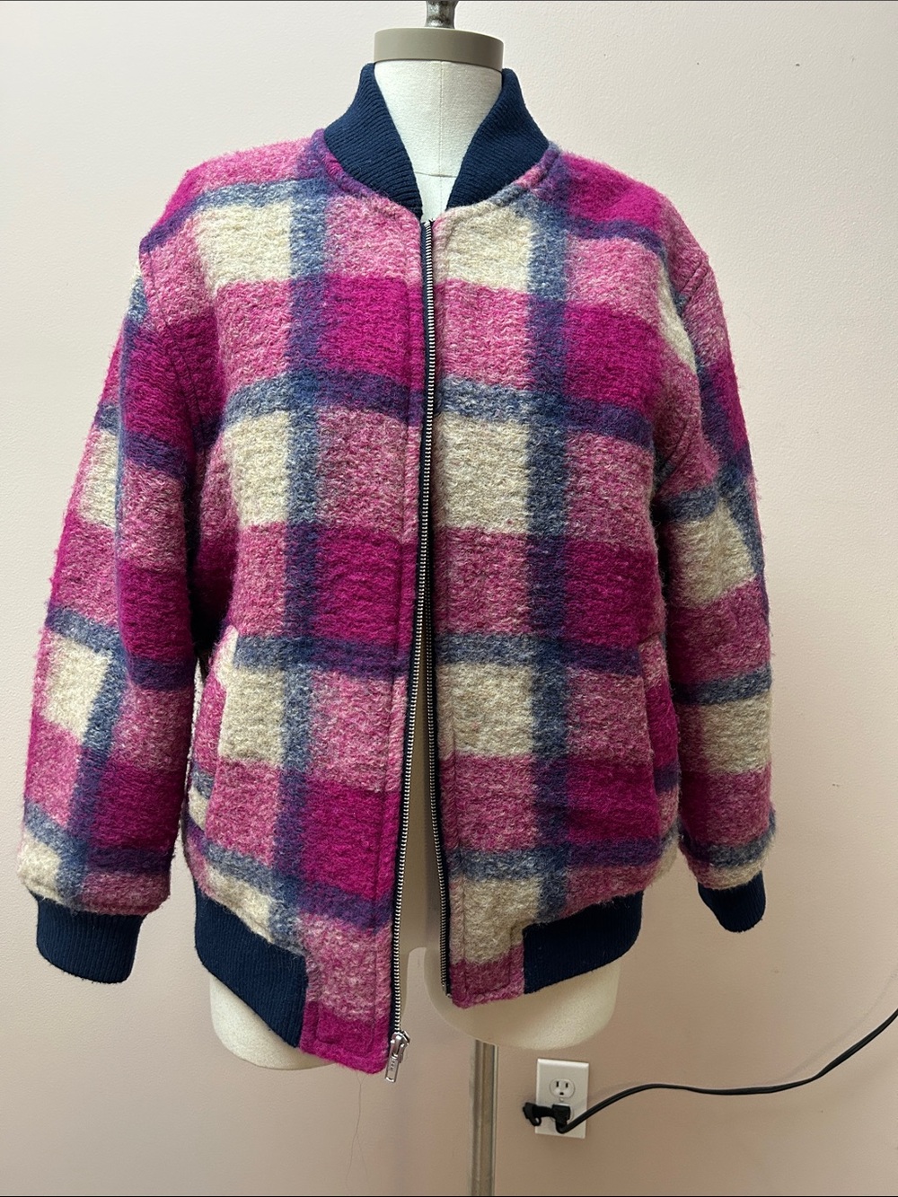 Aritzia Wilfred Stable Wool Pink Plaid Bomber Jacket size S